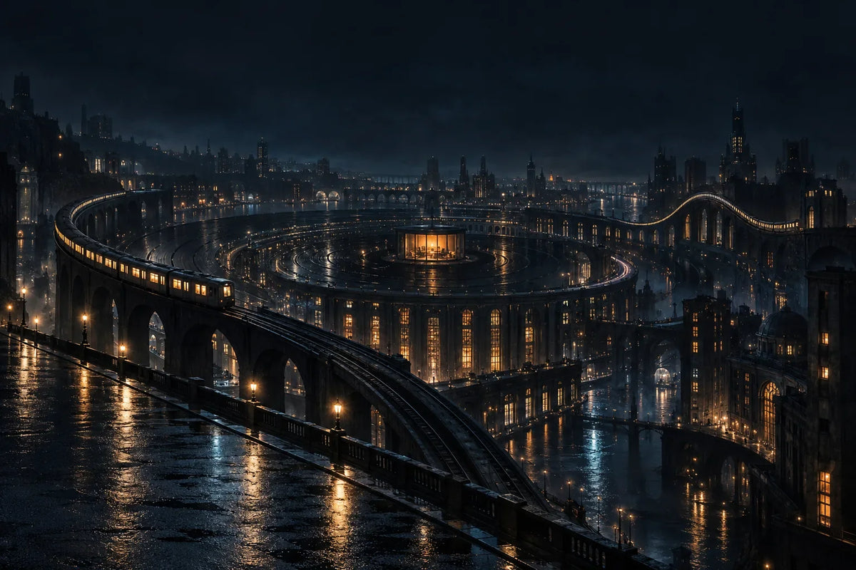 An imagined night city whose railway and streets spiral into a giant record groove.