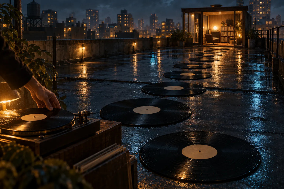 A surreal path of records across a midnight rooftop to a warm listening room.