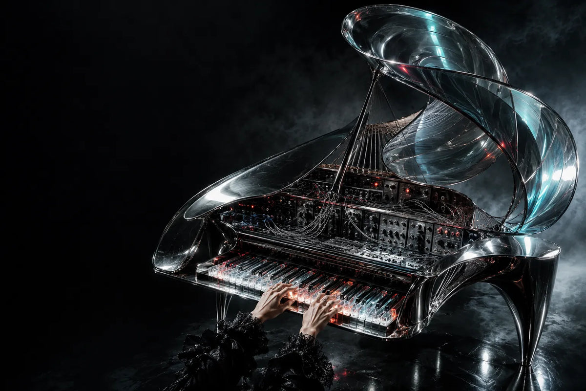 A surreal chrome piano and modular synthesizer, played by human hands.