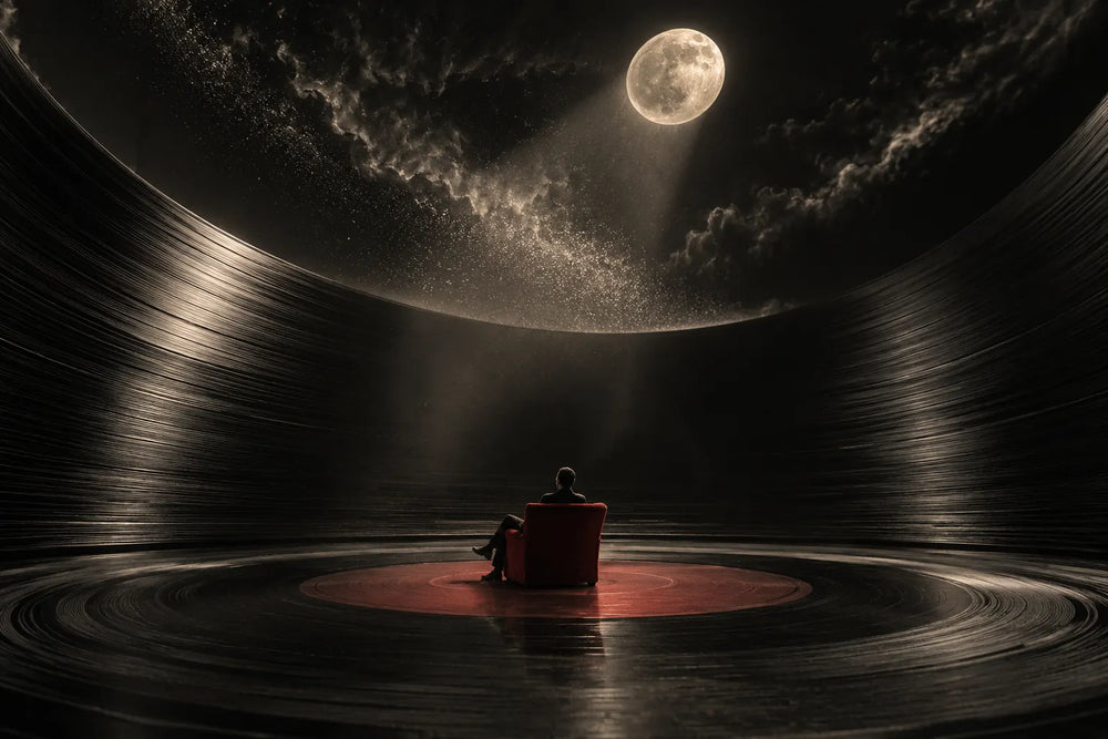 A lone listener in a red chair inside an imagined room formed from vinyl grooves.