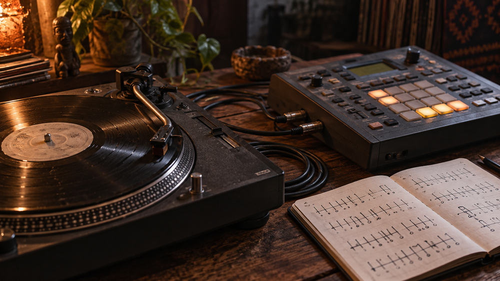 SEAM story artwork showing a vinyl record, sampler and cables on a workbench