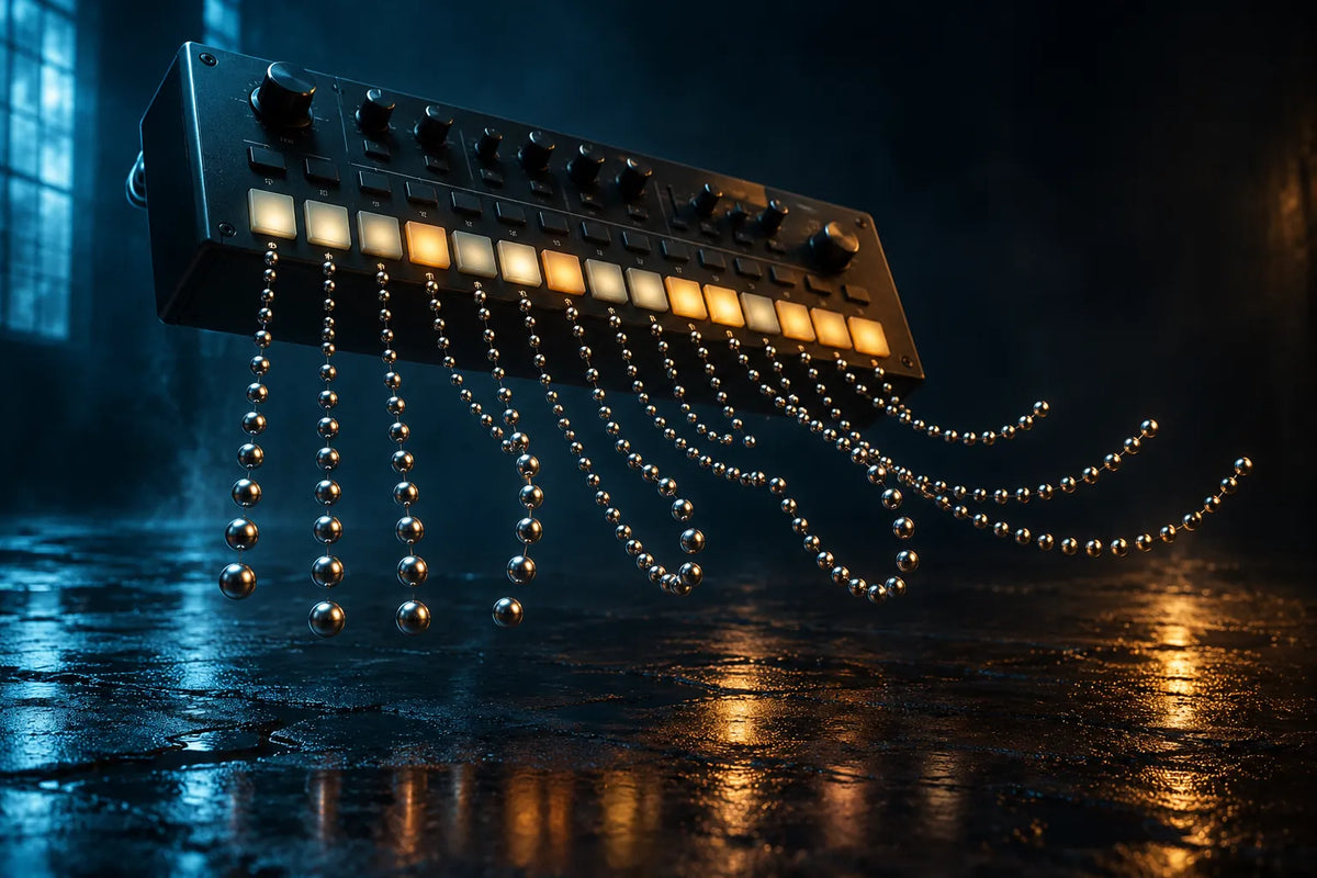 An imagined drum machine with chrome beads tracing swung rhythms above a wet studio floor.