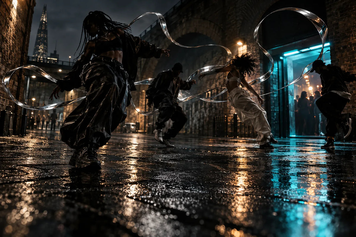 Four dancers on a rain-soaked London street with surreal chrome ribbons tracing their movement.