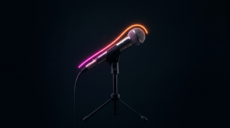 Chrome microphone in magenta and tangerine light