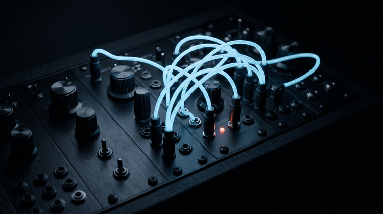 Modular synth cables glowing ice blue