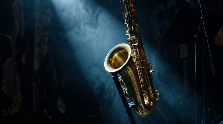Saxophone bell in smoky blue spotlight