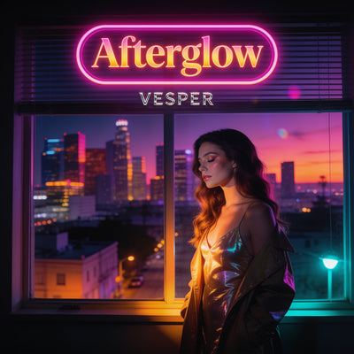 Afterglow — Vesper single cover: neon sign over a 3 AM Los Angeles window