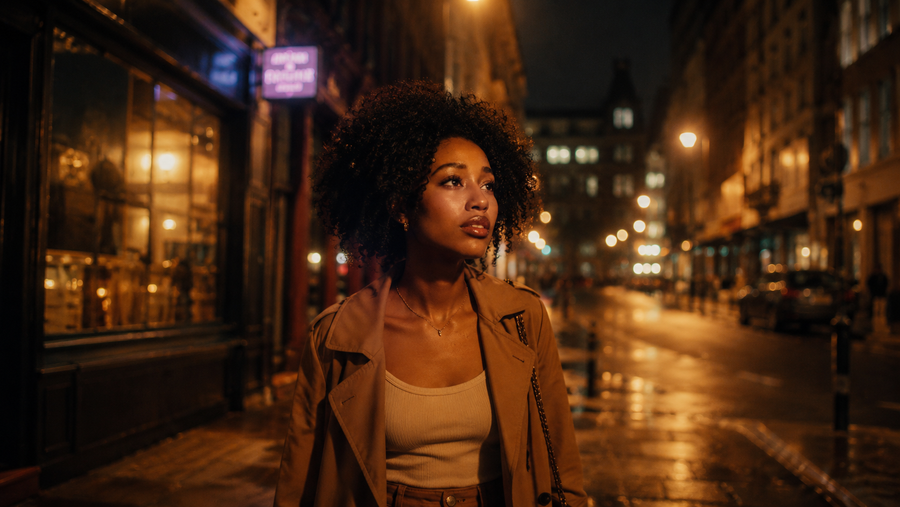 Amara — late-night walk through Oxford: rain-slicked street, amber streetlights, a purple neon sign in a shop window behind her, tan trench coat and gold pendant. The literal opening scene of Echoes of You.