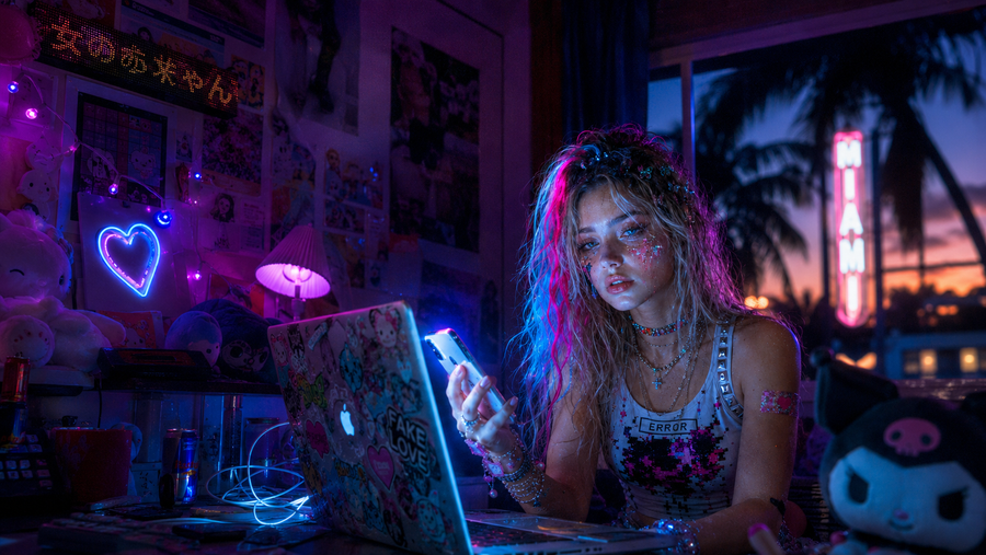 Bliss — Miami bedroom scene: sticker-covered laptop and phone in hand, neon heart, Kuromi plushie, palm silhouettes and a vertical MIAMI neon sign outside the window at sunset. The literal terminally-online-in-Miami setting of Error 404 Feelings.