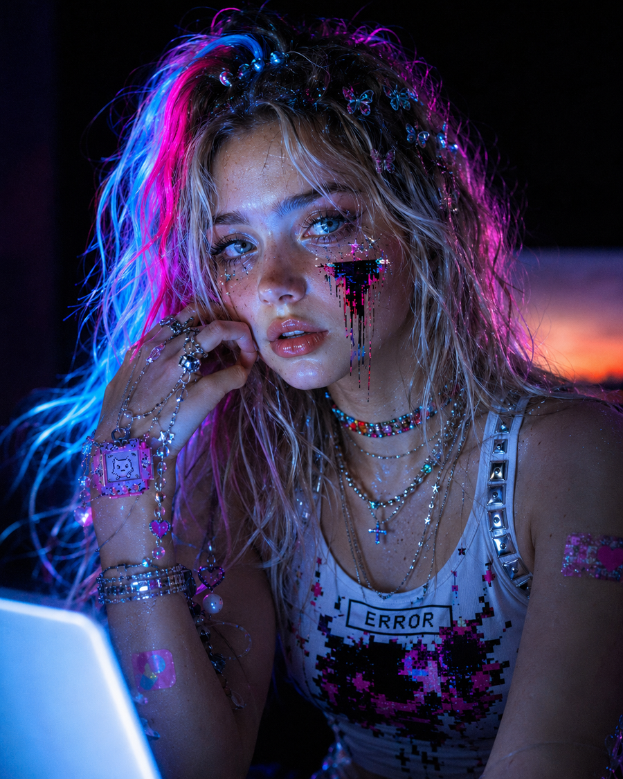 Bliss portrait — wet two-tone platinum-and-pink hair with butterfly clips, glitter-tear cheek runs and pixelated tear-streaks, layered chains and a Tamagotchi charm bracelet, “ERROR” pixel-heart tank top.