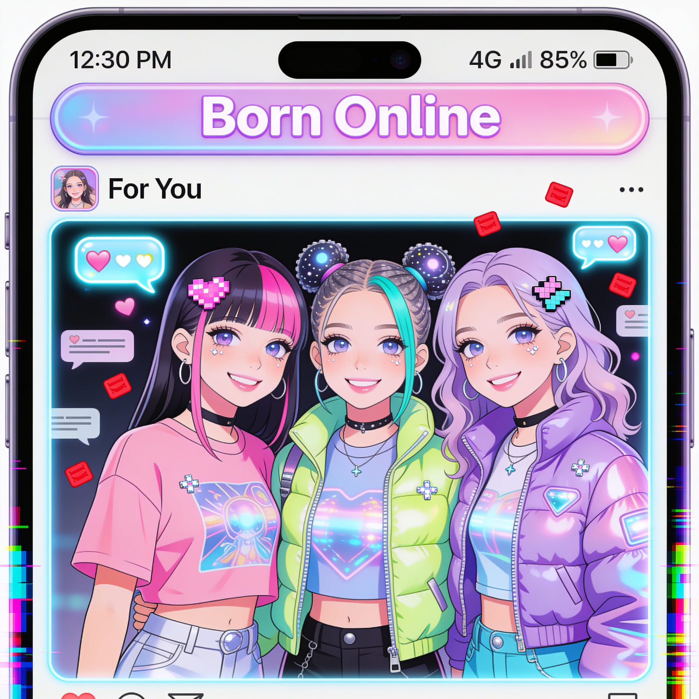 Born Online — FYP single cover: three girls inside a For You video tile