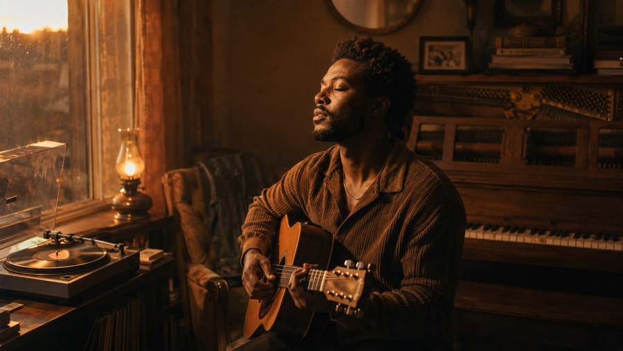 Caleb Rivers — golden-hour Atlanta room, oil lamp, turntable spinning, upright piano behind him, playing acoustic in a wingback chair. The room where What We Lost was written.