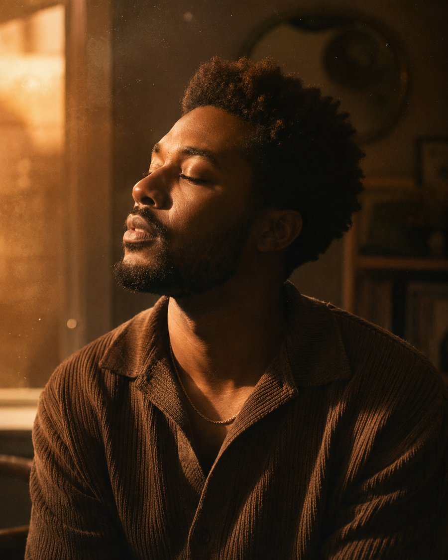 Caleb Rivers portrait — warm sunset light from a window, corduroy shirt, thin gold chain, eyes softly closed, mid-note.