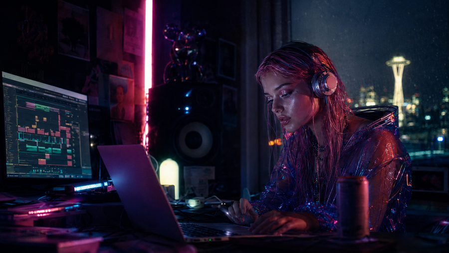 Chrome — 3am Seattle bedroom-studio scene: DAW timeline on the monitor, laptop and energy drink, studio monitors, hot-pink neon strip, chrome Bearbrick, silver headphones, rain-streaked window with the Space Needle glowing in the distance.