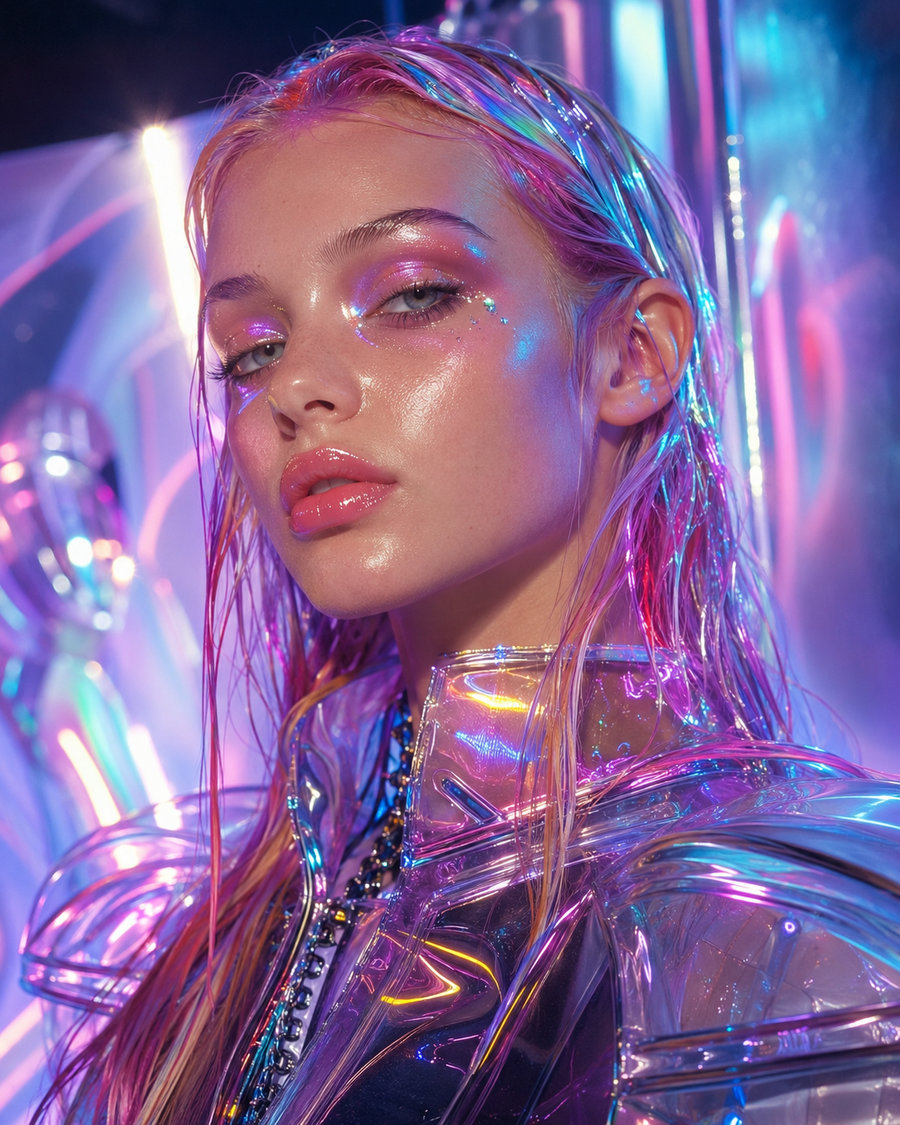 Chrome portrait — wet-look pink and holographic hair, iridescent purple eye makeup, glossy pink lip, transparent PVC jacket refracting pink/blue/green light. The PC-Music self at full shine.
