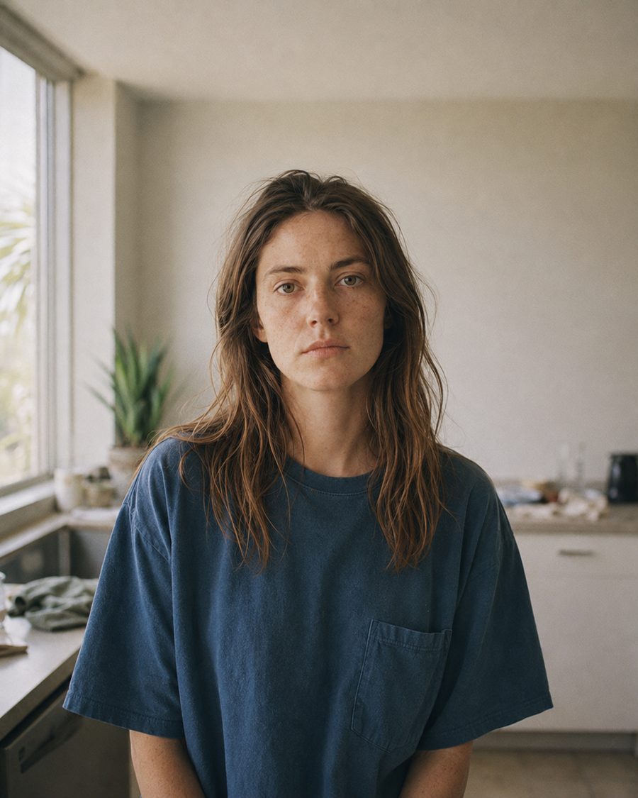 Dot portrait — sun-lit San Diego kitchen, no makeup, wavy brown hair, freckles, faded washed-blue oversized pocket tee, deadpan level gaze.