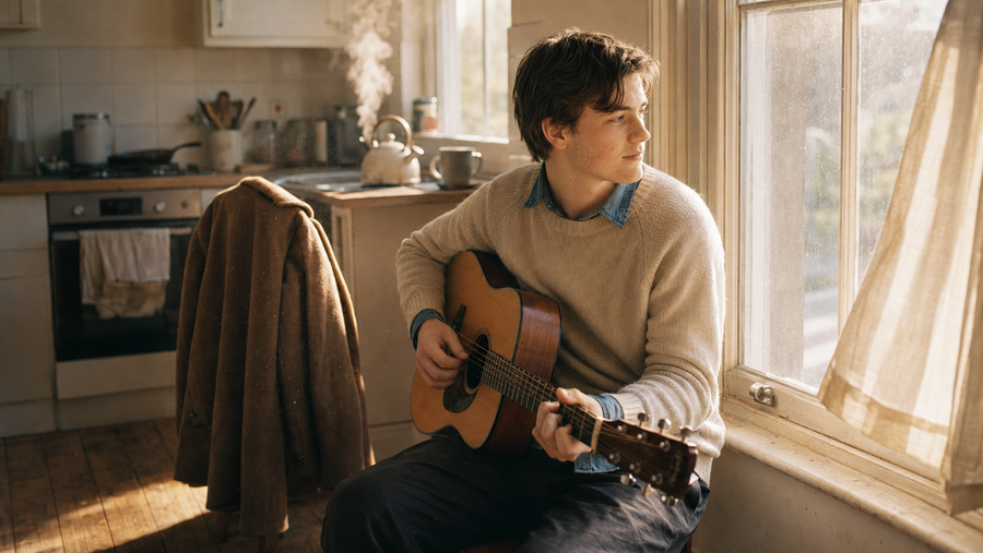 Eli Hartley — bay-town kitchen at morning light, acoustic in his lap, kettle steaming, wax coat over a chair. The room of Where the Light Gets In.