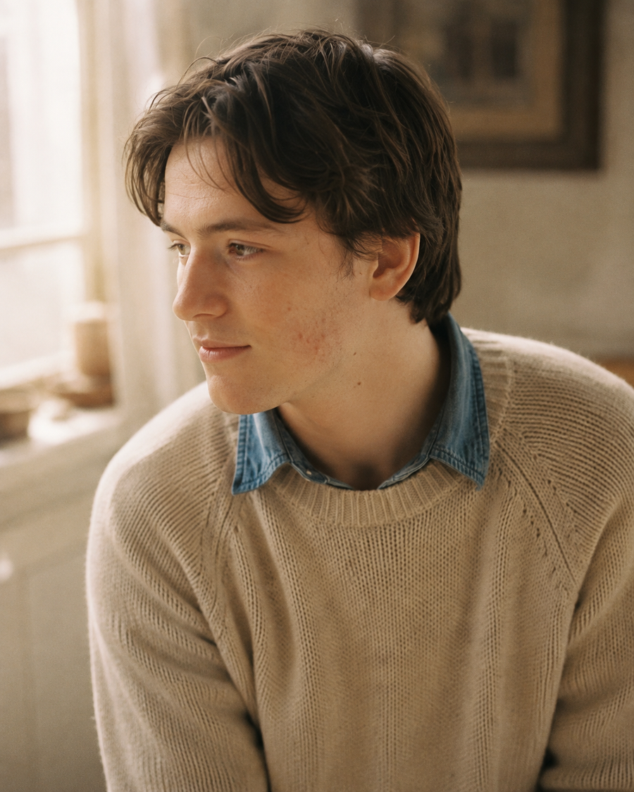 Eli Hartley portrait — quiet coastal morning, oatmeal cable-knit over chambray collar, softly watchful gaze off-camera.
