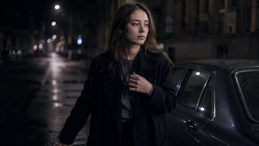 Esme — walking alone past a parked car on a wet lamp-lit street at night, black coat pulled close, glancing back over her shoulder. The mood of I Didn't Say This Out Loud.