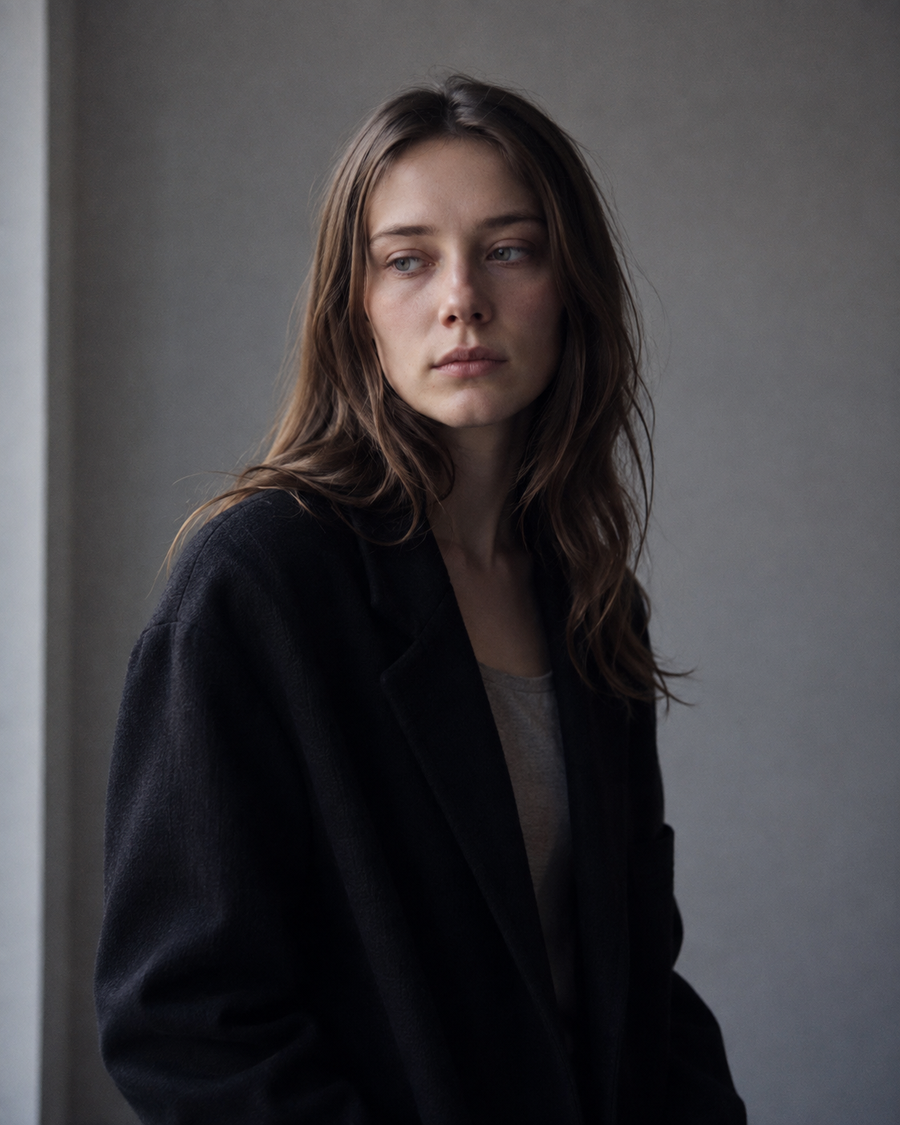 Esme portrait — soft grey window light, oversized black wool coat over a plain grey tee, gaze drifted away mid-thought.