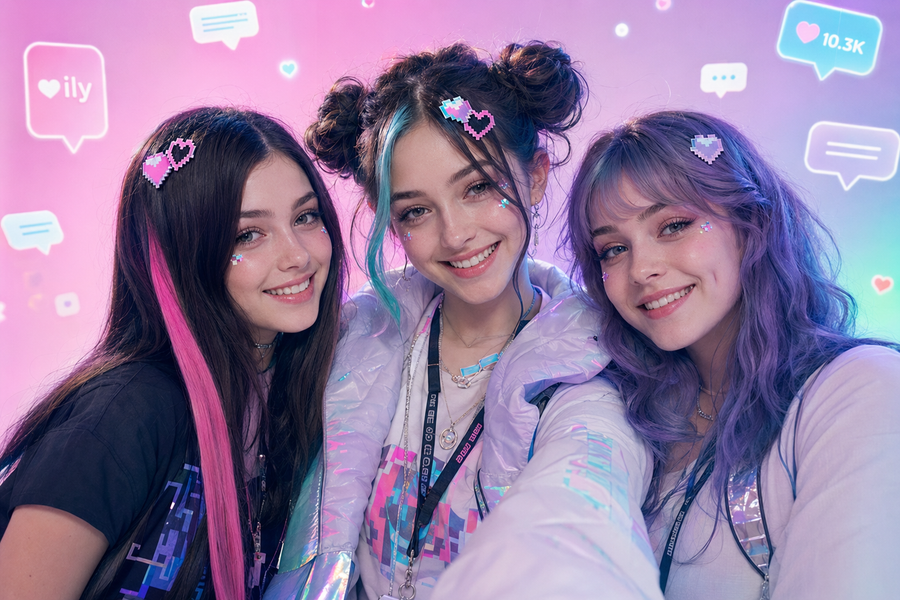 FYP — Lux, Remi and Wren close-up group selfie, pixel-heart hairclips, DM bubbles and like counts floating around them