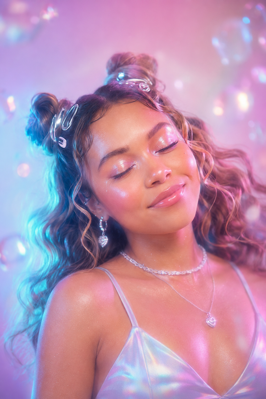 Glaze portrait — iridescent pastel close-up, space buns with chrome clips, dewy skin, holographic slip, eyes closed with a dreamy smile.