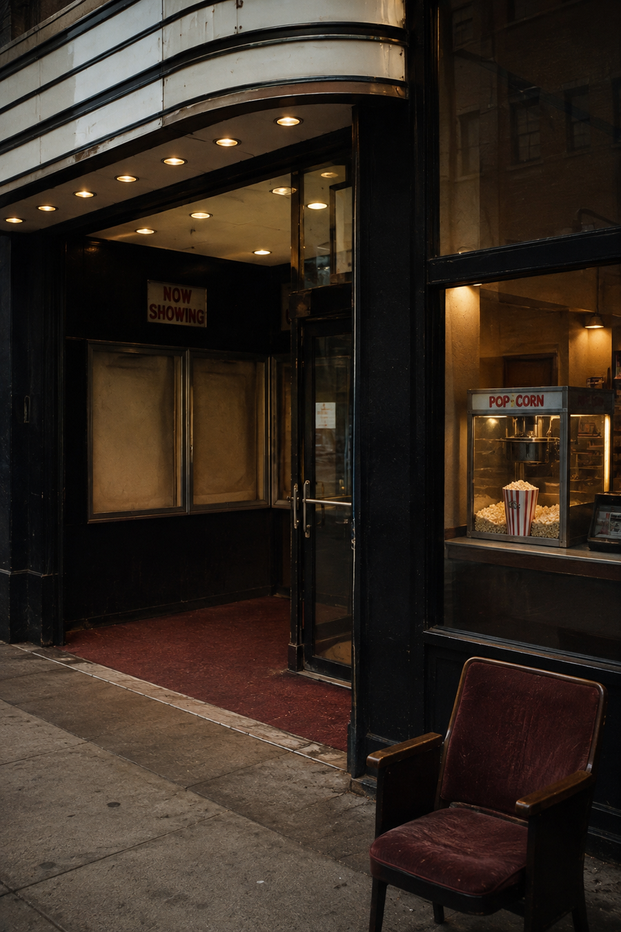 GREYLIGHT — old cinema entrance at dusk: faded marquee, NOW SHOWING sign, empty poster cases, worn red carpet, lit popcorn machine, a single scuffed theatre seat outside.