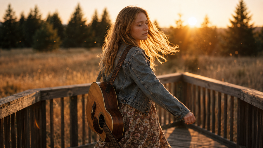 Hazel — golden hour on a wooden boardwalk: mid-turn with an acoustic guitar on her back, denim jacket over a floral dress, sun dropping behind the pines. The exact hour Golden Hour Theory is about.
