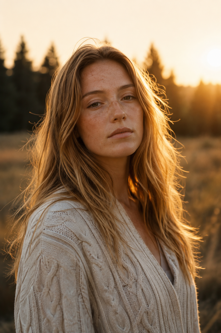 Hazel portrait — golden hour in a dry meadow: sun-lit hair backlit by the setting sun, freckles, cream cable-knit cardigan, pines glowing behind her.