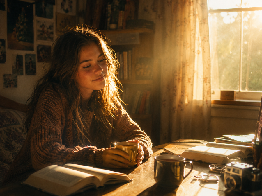 Iris — mile-high dusk pouring through a floral-curtained window over a cluttered wooden desk: hands wrapped around a warm mug, open books, a second mug, and a small film camera. The bedroom where Everything at Once was written.