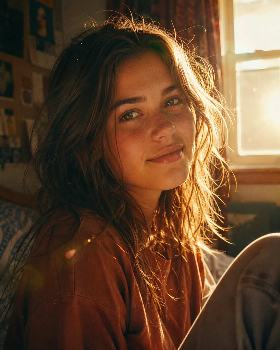 Iris portrait — golden-hour bedroom backlight, wavy sun-lit hair, freckles, small self-aware smile, oversized rust-red sweater, polaroids on the wall behind her.