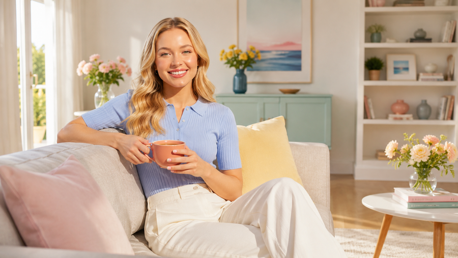 kismet — the frictionless life: sunlit pastel living room, coral mug of tea, fresh flowers everywhere. Nothing wrong anywhere — exactly the dread Not Ironic is about.