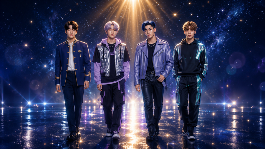 LUMEN — the four walking side-by-side across a mirrored starlit stage floor, golden starlight from the galaxy behind them. The universe of You Came to Me as Light.