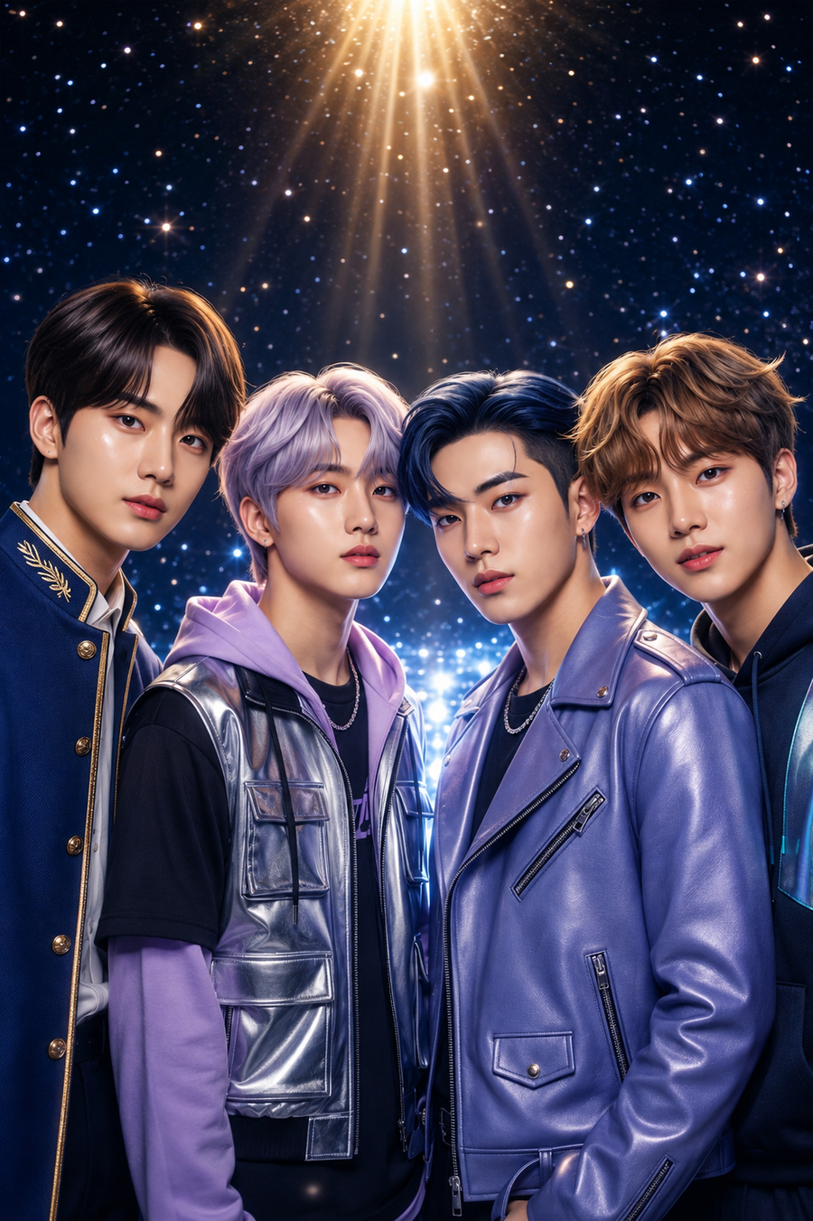 LUMEN portrait — Dohyun, Siwoo, Jaehyuk and Hojun huddled close under a shaft of golden starlight against a cosmic starfield.