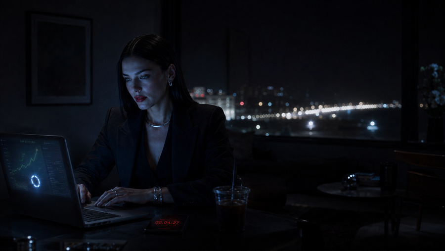 Marlowe — 3am desk scene: alone by a window with the city lights behind her, laptop showing a green sales chart, cold coffee and a 00:04:27 countdown phone timer beside her. The literal scene from Buy My Thing.