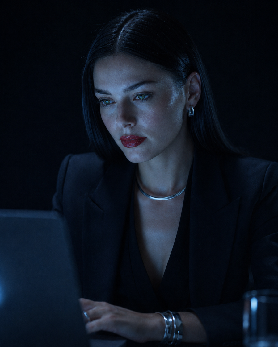 Marlowe portrait — blunt-cut dark hair, deep-red lip, silver hoop earring and collar necklace, face washed in the cold blue of a laptop screen. The knowing narrator, at work.