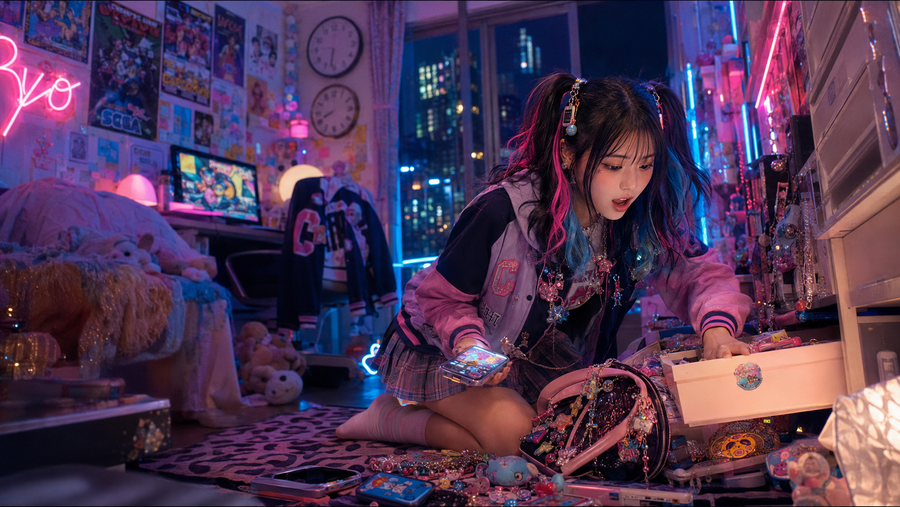 Niko — mid phone-panic in her neon Tokyo bedroom on a leopard-print rug: charm bag emptied out, drawer pulled open, phone in her other hand. Idol posters, plushies, Ryo neon and the Tokyo skyline out the window. The literal setting of Find My Phone (フォンどこ？).