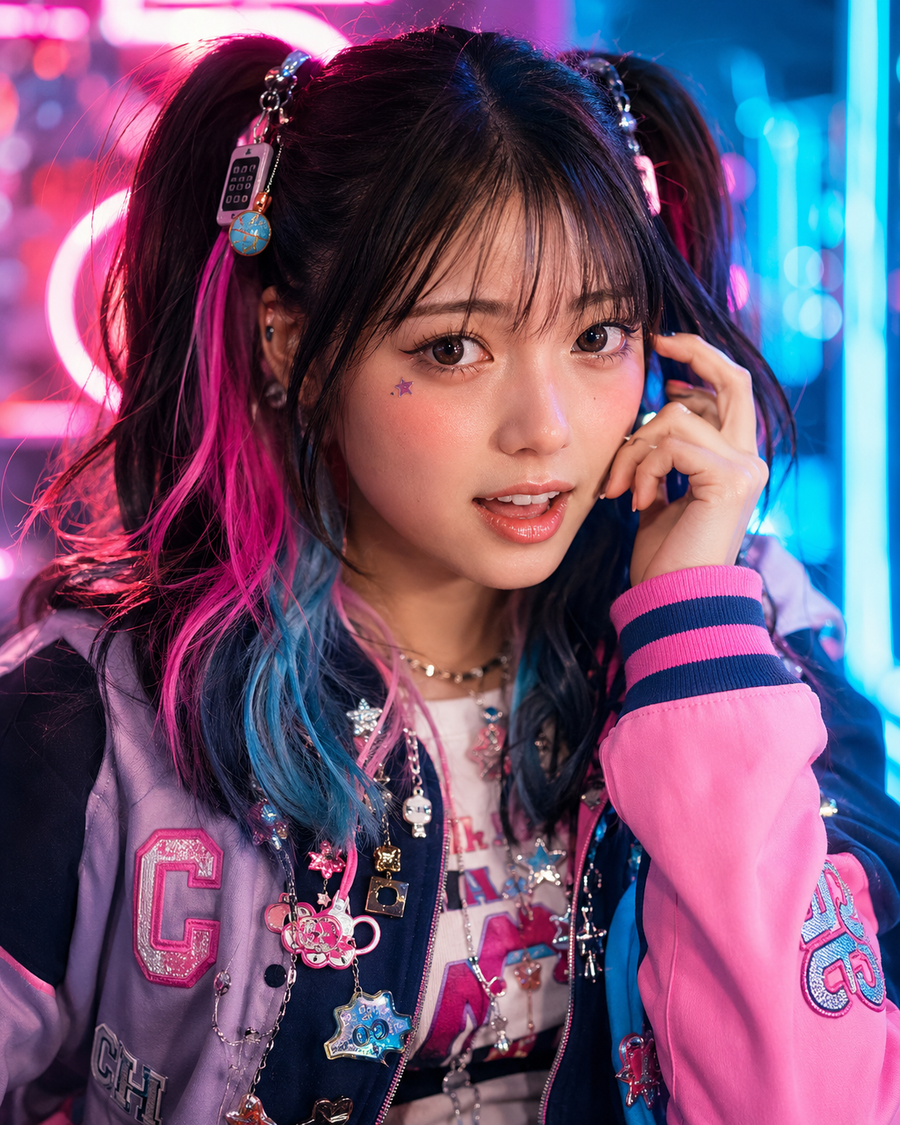 Niko portrait — black + pink + blue twin-tails with tamagotchi-style hair charms, star sticker under the eye, charm-covered varsity jacket, Tokyo neon behind her.