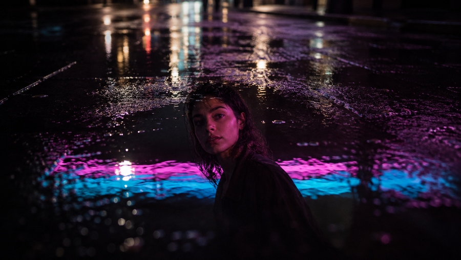 NOVA LANE — crouched low over a flooded street at night, pink-and-cyan neon reflected across the black water. The literal neon-in-the-rain world of Neon Gravity.