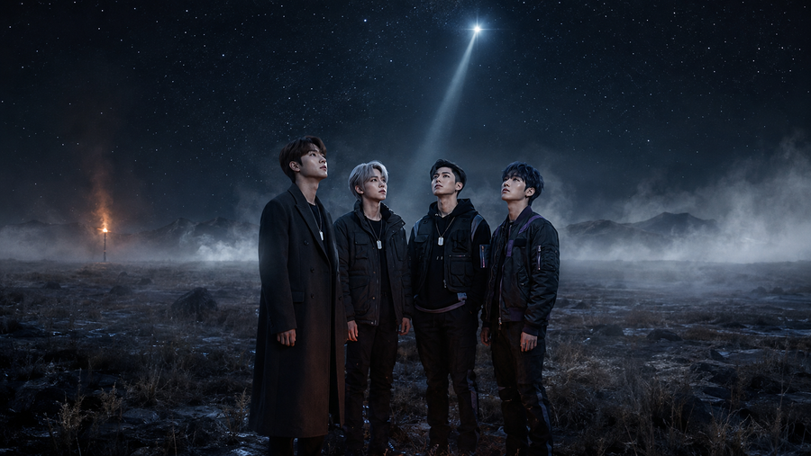 POLARIS — the four standing in a wasteland at night, distant beacon and the guiding star cutting a shaft of light down to them. The concept universe of 별빛 No Man's Star.