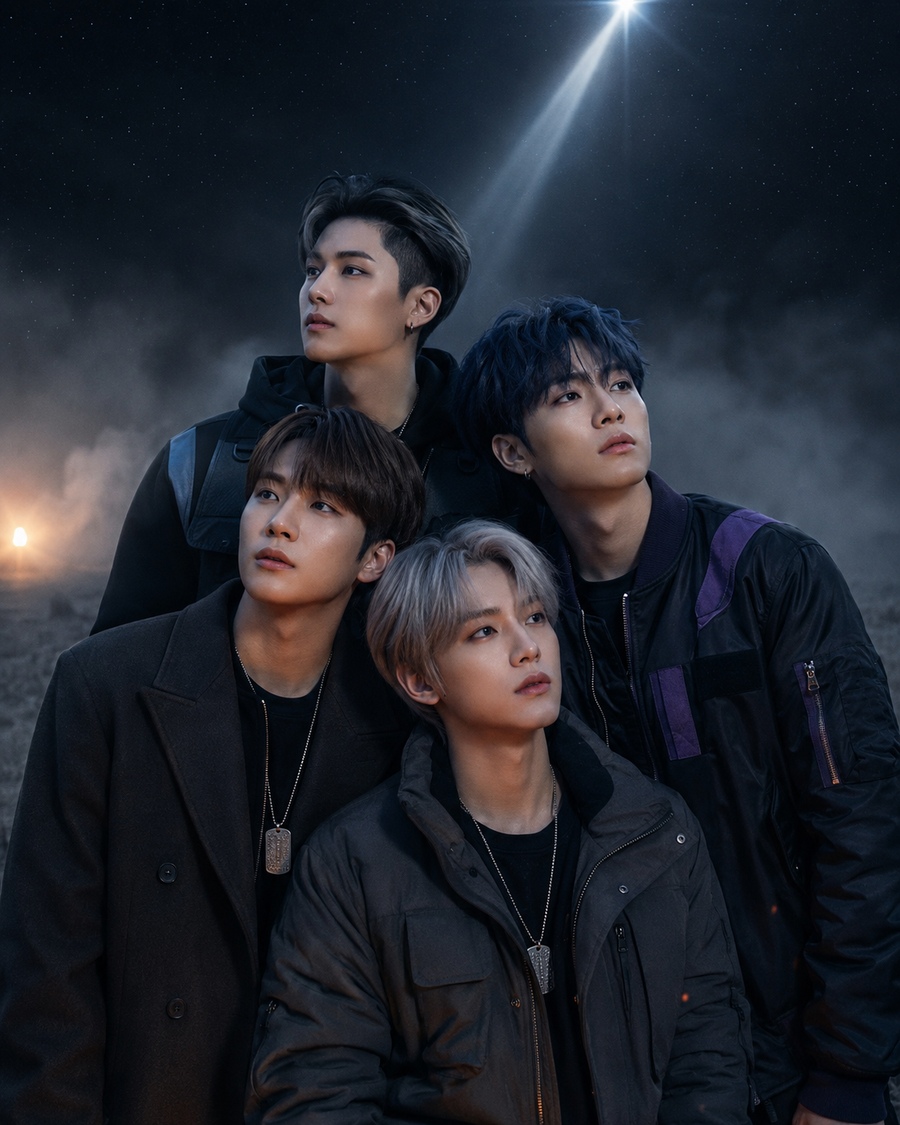 POLARIS portrait — Junseo, Yejun, Raon and Haeon stacked looking up at the guiding star, coordinated dark outerwear and dog-tags. Cinematic 4th-gen K-pop.