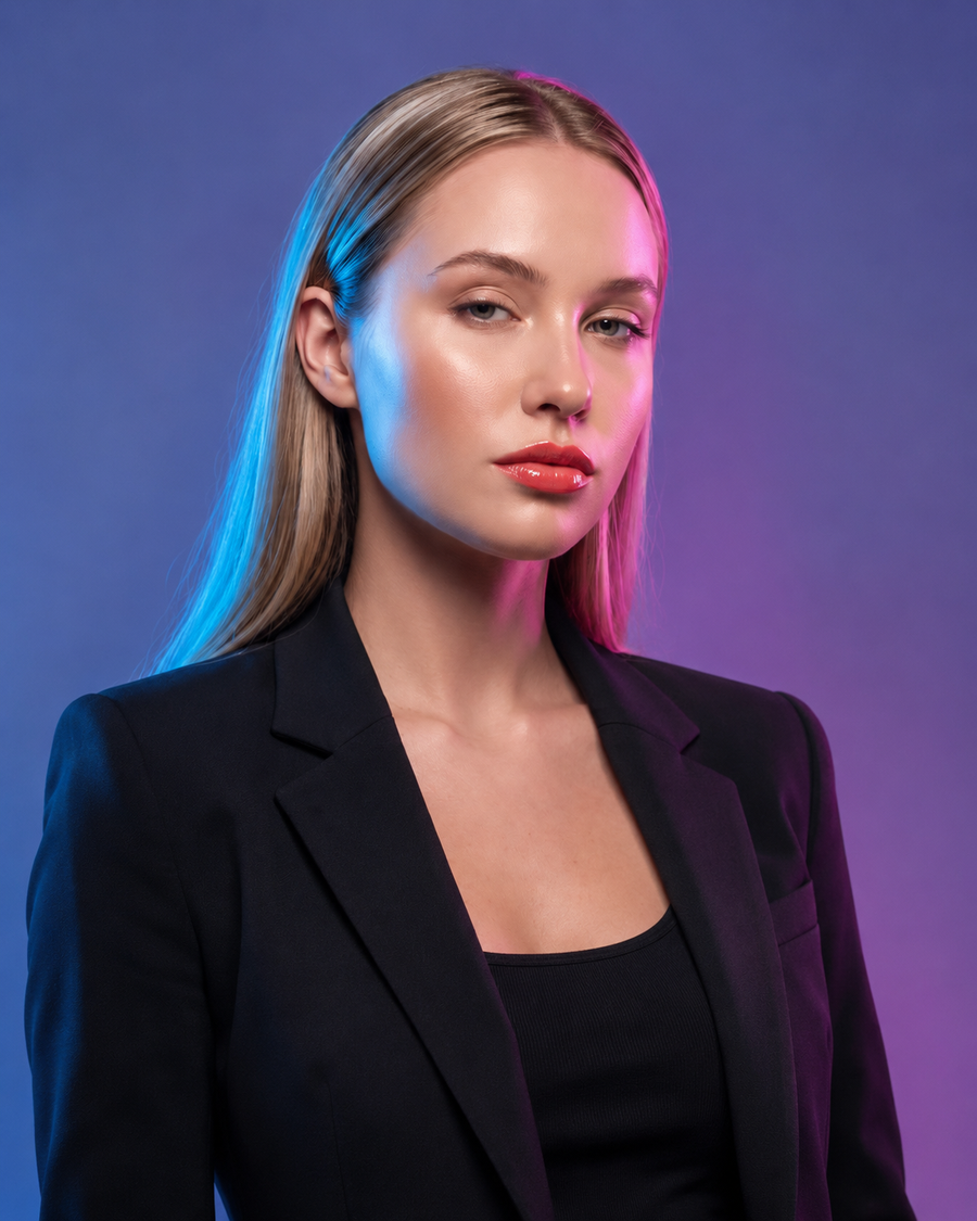 Rumor portrait — blue-and-magenta split light, sleek blonde hair, glossy red-coral lip, black blazer, level deadpan gaze.