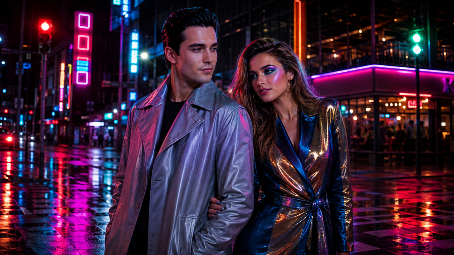 Semaphore — Theo and Margot on a rain-slicked neon corner at night: silver trench, iridescent wrap suit, neon signs and a glowing diner behind them. The world of Neon Telegram.