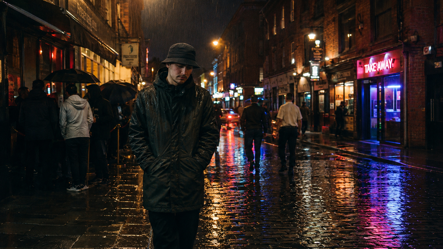 Sonny — cobbled Manchester street at night in the rain, umbrella queue outside a venue on the left, TAKE AWAY neon on the right, pub windows and puddled amber light on the wet stones. The literal setting of Friday Still Rains.