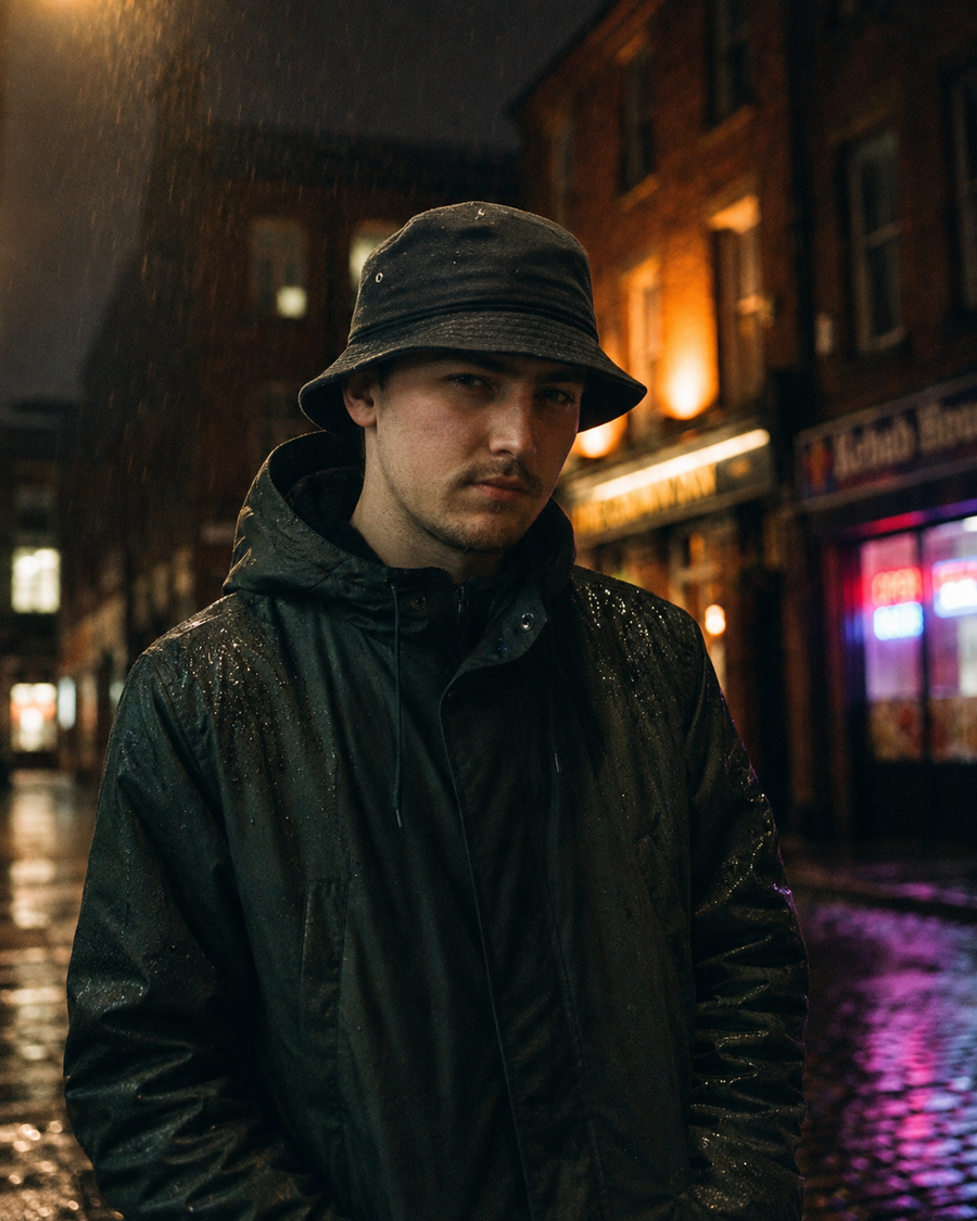 Sonny portrait — wet Manchester night on a cobbled side street: black bucket hat, waxed rain jacket beaded with rain, red-brick pubs and takeaway neon reflected in the wet stone behind him.