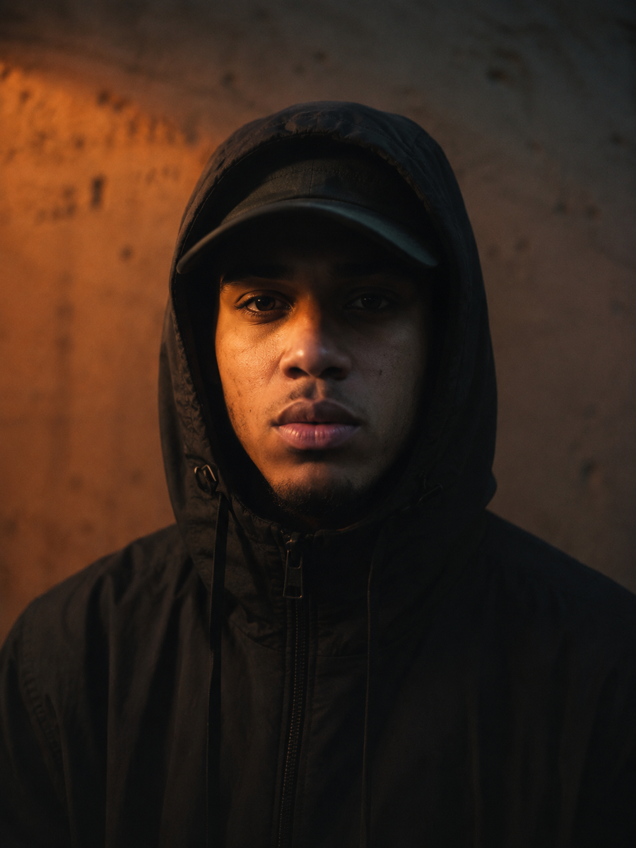 Static Twin portrait — tight close-up under a warm bare bulb, hood up over a black cap, level unblinking gaze.
