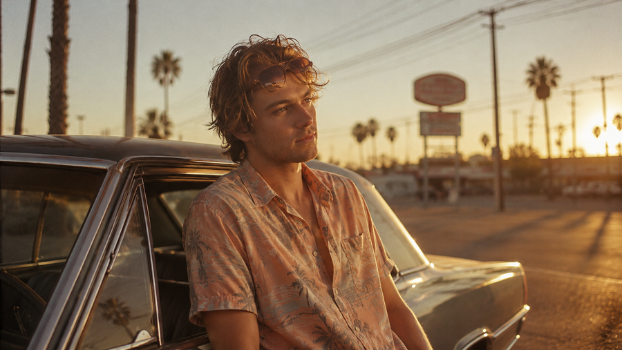 sunfade — leaning against a vintage sedan in a Phoenix strip-mall parking lot at sunset, palms and power lines against a bleached-pastel sky. The mood of Window Heat.