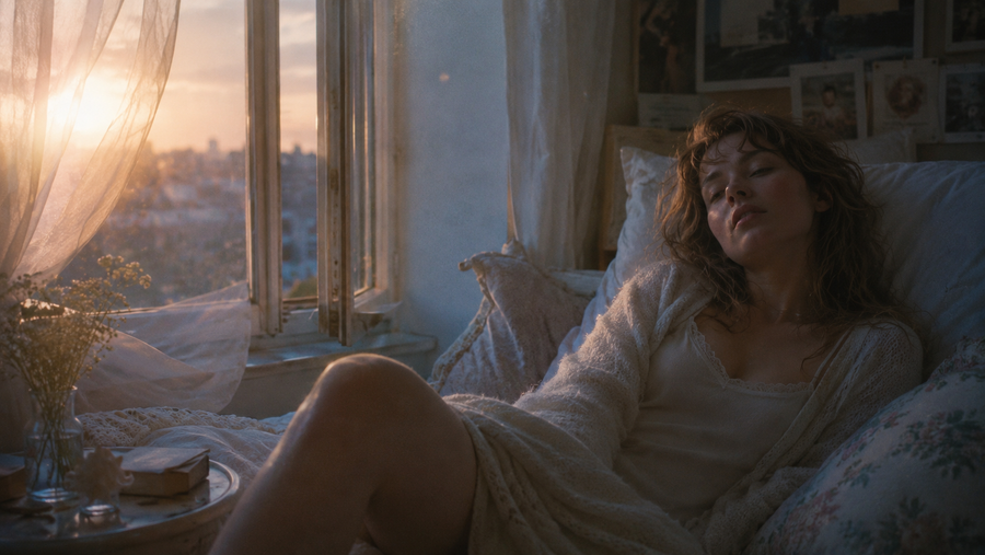 Thea — reclining half-asleep on lace pillows by an open window at golden hour, city skyline in slow gold beyond. The literal space between sleeping.