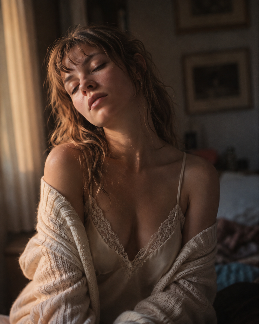 Thea portrait — half-asleep golden-hour close-up: sun-lit tousled hair, eyes softly closed, cream lace slip under an open cable-knit cardigan.