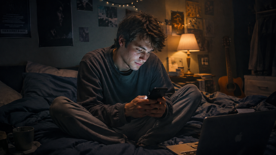 Unsent — cross-legged on an unmade bed late at night, phone glow on his face, laptop open, acoustic guitar and posters behind him. The bedroom where Read at 11:47 was written.